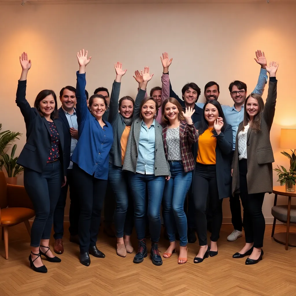 Diverse groep mensen die hun successen vieren na coaching trajecten