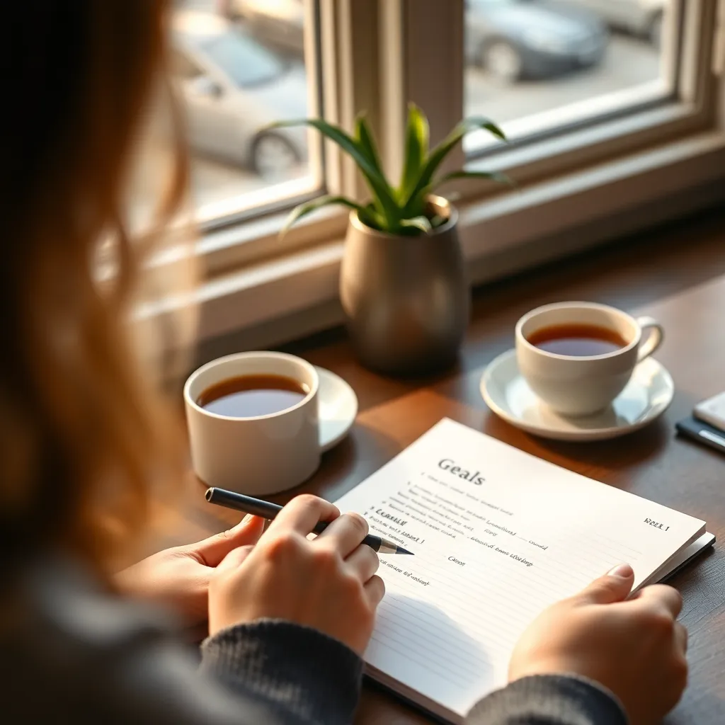Persoon die doelen opschrijft in een notitieboek